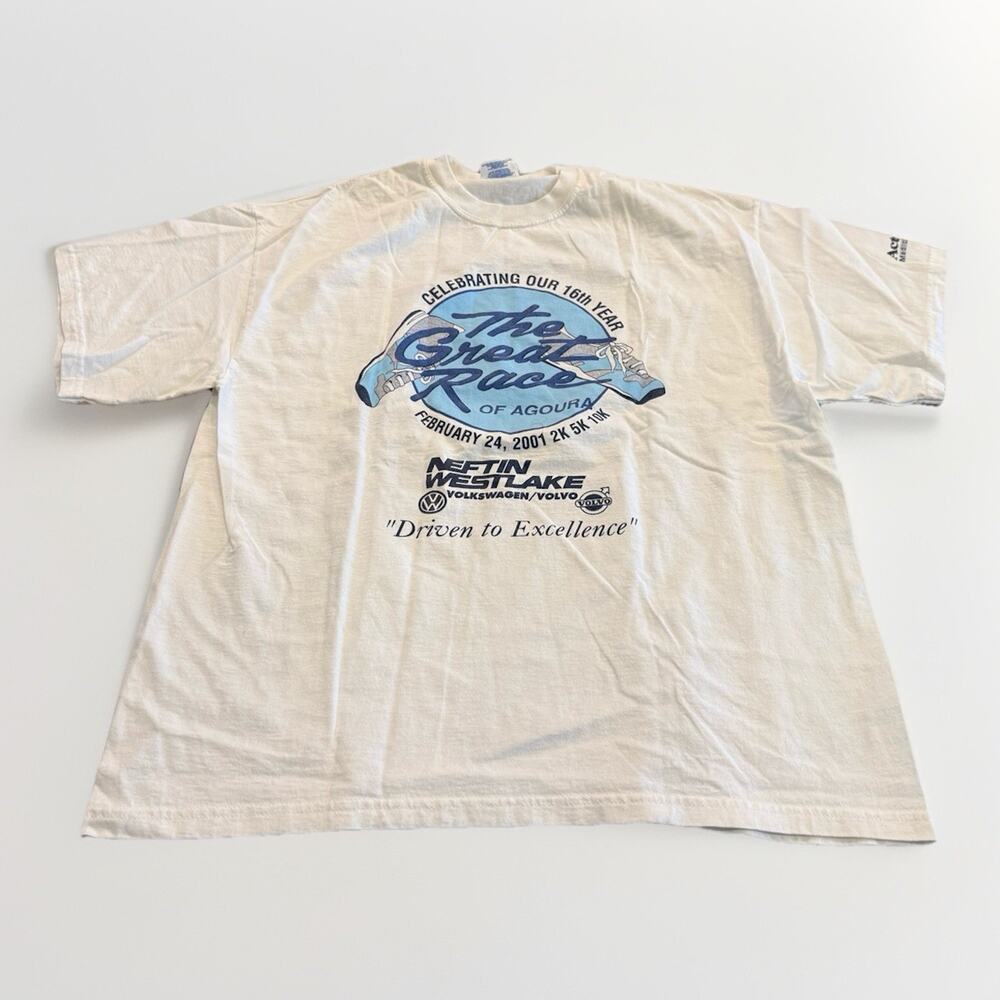 Vintage Y2K M&O Knits White The Great Race Of Agoura 16th Year T-Shirt Size XL